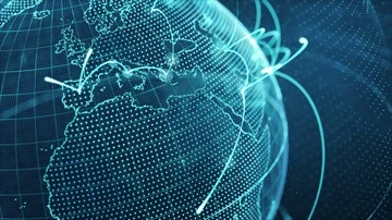 Particle world with a growing global network - blue close-up loop. Video stock 85837894