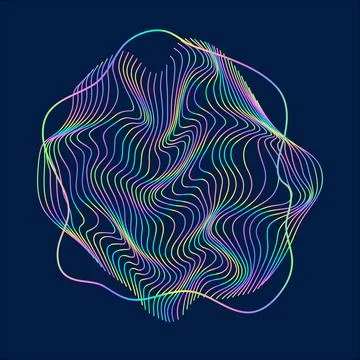 Particles and wavy lines in shape. Linear wave style. Stock Illustration