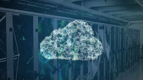 Particles appearing and coalescing into animated cloud amid data center racks, Stock Footage 332591873