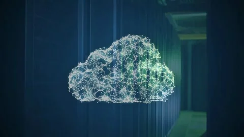 Particles appearing and forming wireframe cloud in data center aisle, showing Stock Footage 332566587