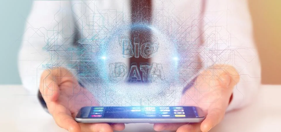 Particles big data title holding by a businessman Stock Photos