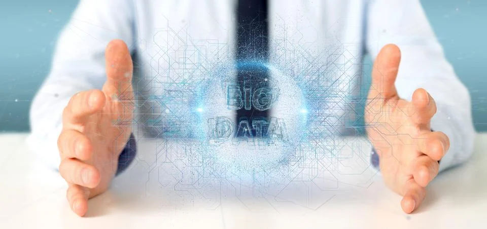 Particles big data title holding by a businessman Stock Photos