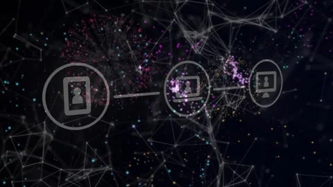 Particles bursting, three linked device icons forming chain, dots flowing, Stock Footage 321161227
