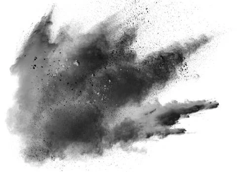 The particles of charcoal splatted on white background. Stock Photos