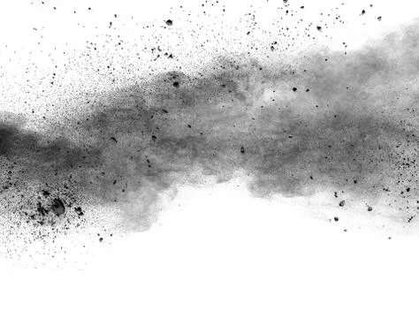 The particles of charcoal splatted on white background. Stock Photos