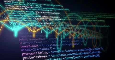 Particles coalescing nodes, forming teal amber waves, code lines scrolling, Stock Footage 329533658