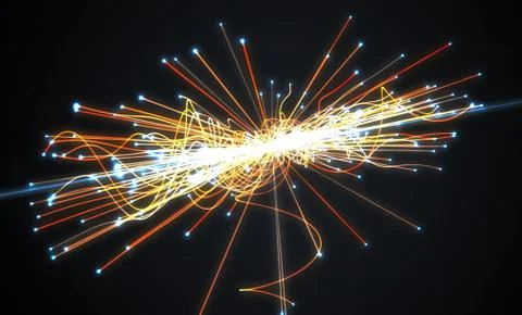 Particles collision in Hadron Collider. Astrophysics concept. 3D rendered ill Stock Illustration