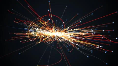 Particles collision in Hadron Collider. Astrophysics concept. 3D rendered ill Stock Illustration