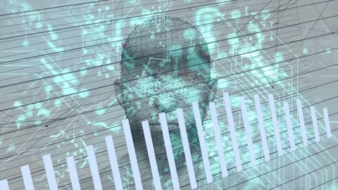 Particles condensing, forming translucent 3D head while vertical white bars Stockbeeldmateriaal 334724985