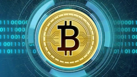 Particles converging forming Bitcoin coin in rotating ring with binary streaming Stock Footage 317593226
