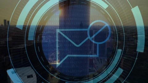 Particles drifting forming holographic UI rings rotating around envelope icon Stock Footage 317369424