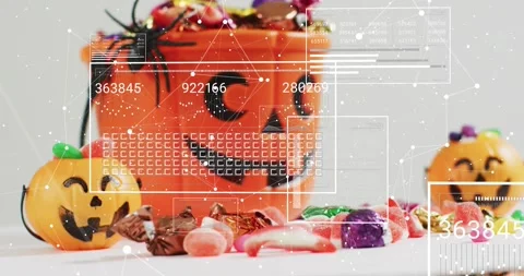 Particles fading in initiating HUD frames gliding over pumpkin buckets spilling Stock Footage 317791778
