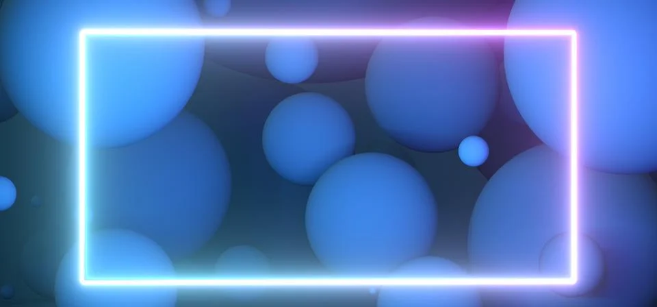 Particles floating in blue studio. Light neon frame. empty space for design.. Illustration