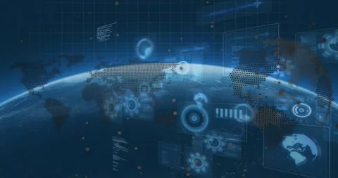 Particles floating initiating translucent UI panels sliding over glowing Earth Stock Footage 321824937