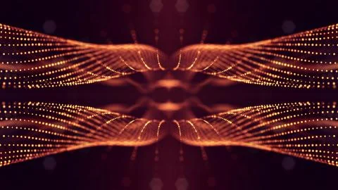 Particles form line and surface grid. 3d rendering. Science fiction golden Illustrazione stock