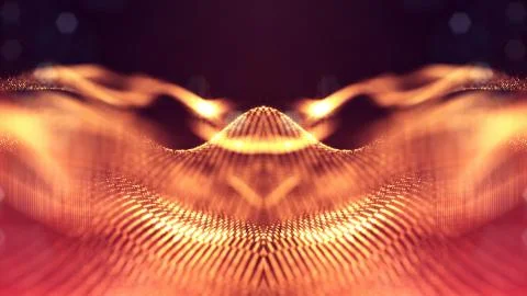 Particles form line and surface grid. 3d rendering. Science fiction golden Stock Illustration