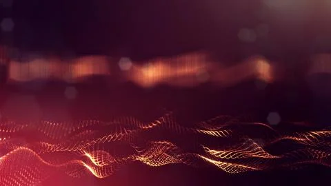 Particles form line and surface grid. 3d rendering. Science fiction golden 库存插图