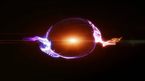 Particles form lines, circle ring surface and grid. Purple orange background. Stock Footage 98437154