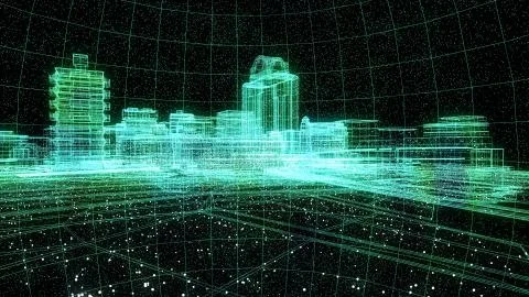Particles lights City 3d Render technology background Stock Illustration