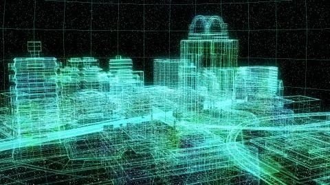 Particles lights City 3d Render technology background Stock Illustration