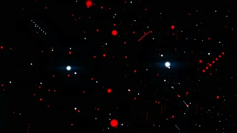 Particles, movement of red and white circles, shake, on a black background, Stock Footage 153787672