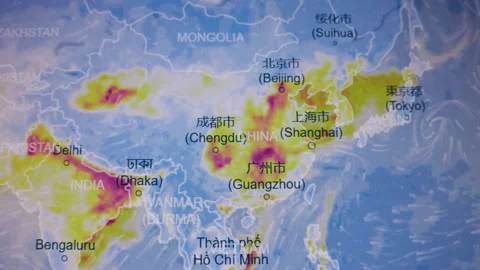 Particles pollution visualization Asia China India Computer Screen Camera s.. Stock Footage 337140429