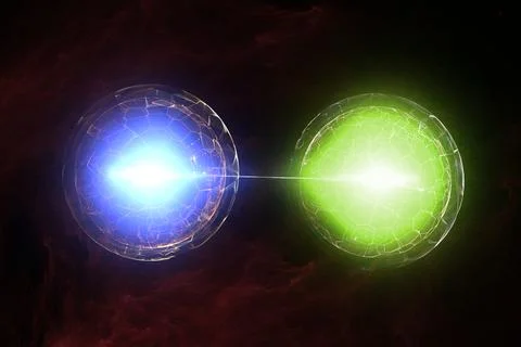 Particles, quantum entanglement (quantum correlation), quantum mechanics Stock Illustration