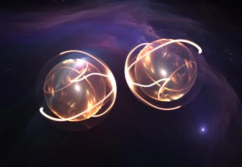 Particles, quantum entanglement (quantum correlation), quantum mechanics. F.. Stock Illustration