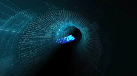 Particles through binary digital tunnel 3d illustration Stock Illustration