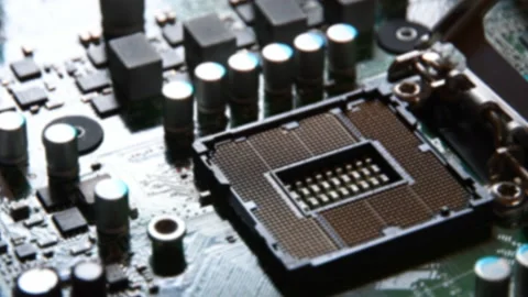 Particular of Socket of Computer Processor on Electronic Motherboard. Stock Footage 202132281
