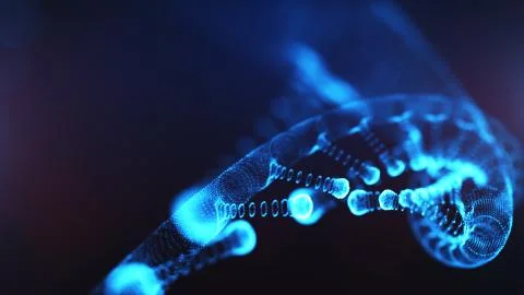 A particulate 3D rendered DNA on a blue bokeh background. 스톡 일러스트