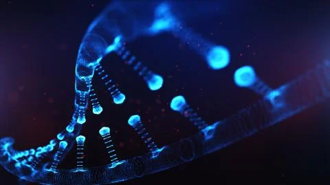 A particulate 3D rendered DNA on a blue bokeh background. Illustrazione stock