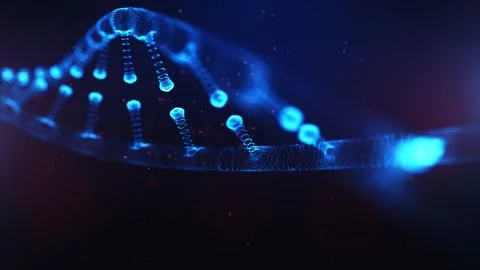 A particulate 3D rendered DNA on a blue bokeh background. Illustrazione stock