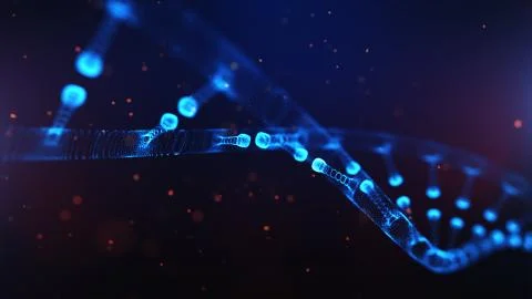 A particulate 3D rendered DNA on a blue bokeh background. 스톡 일러스트