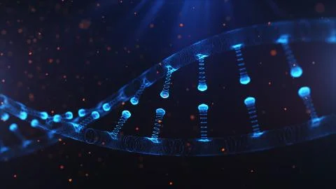 A particulate 3D rendered DNA on a blue bokeh background. Stock Illustration