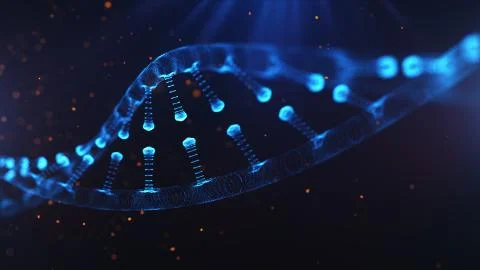 A particulate 3D rendered DNA on a blue bokeh background. Stock Illustration