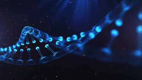 A particulate 3D rendered DNA on a blue bokeh background. Stock Illustration