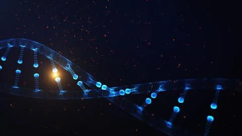 A particulate 3D rendered DNA on a blue bokeh background. 스톡 일러스트