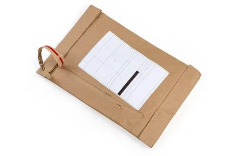 Partly open mail package with blank sticker on white background 스톡 사진
