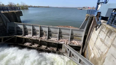 Partly Open Water Locks River Dam Sunny 4k Stock Footage 183426148
