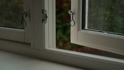 Partly Open White Window Frame During Rainy Weather Stock Footage 346593537