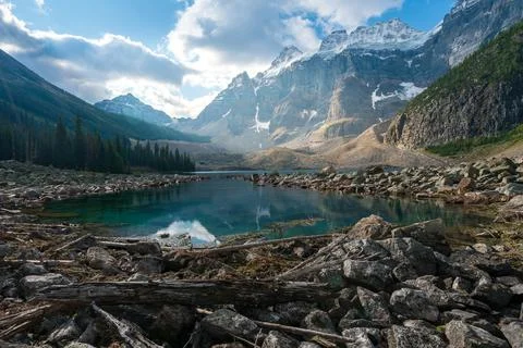 Partly sunny day with dramatic sky over Consolation Lakes in Banff National Park Stock Photos