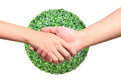 Partner hand between a man and a woman on green planet world Stock Illustration
