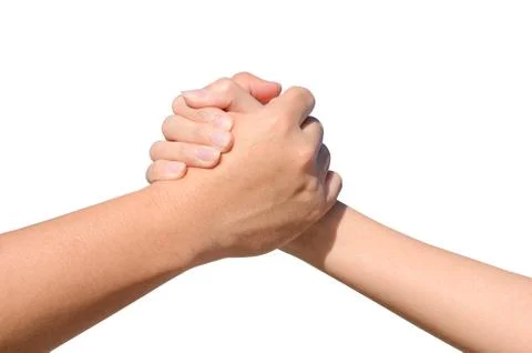 Partner hand between a man and a woman isolated on white background 스톡 사진