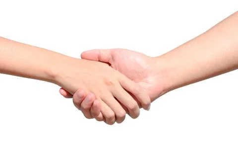 Partner hand between a man and a woman isolated on white Stock Photos