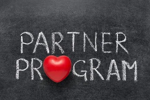 Partner program partner program phrase handwritten on blackboard with hear... Stock-Fotos