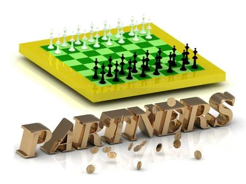 PARTNERS- bright gold letters money and yellow chess on white background Stock Illustration