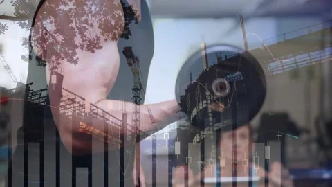 Partners curling and lifting weights, camera cutting, cranes, finance overlays Stock Footage 323407520
