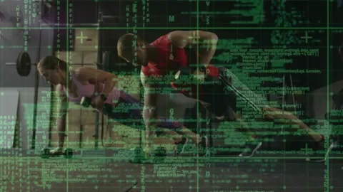 Partners planking doing dumbbell rows in gym, man leading cadence, green code Stock Footage 330653645