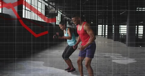 Partners starting plank, cycling squat-jump-pushup in space, grid and red lines Stock Footage 323456015